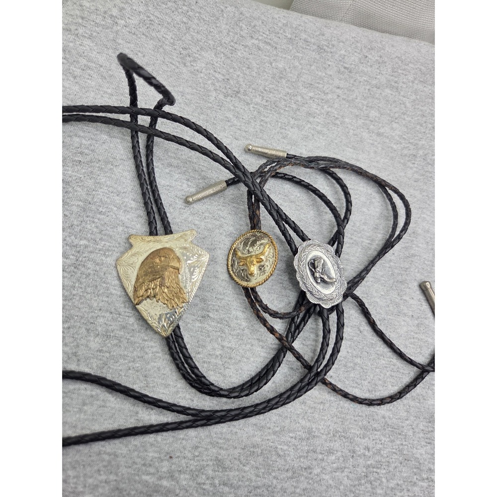 Lot of 3 Vintage Bald Eagle Rodeo Stallion Cowboy Bull Riding Bolo Ties